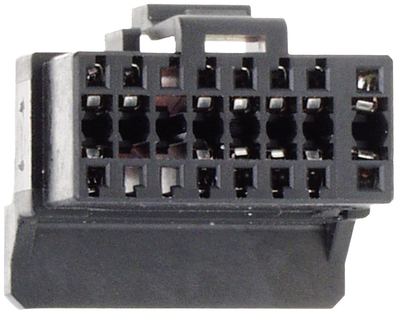 Detailní záběr černého elektronického konektoru s několika kontakty.