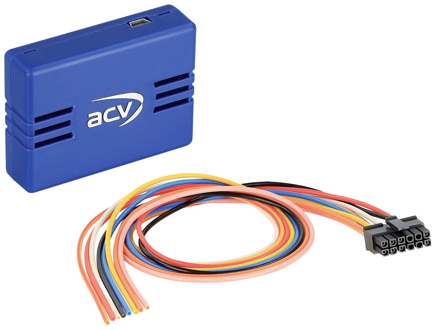 Elektronický modul s modrým krytem a vícebarevným kabelovým svazkem, používaný v automobilové technice pro elektrické připojení.