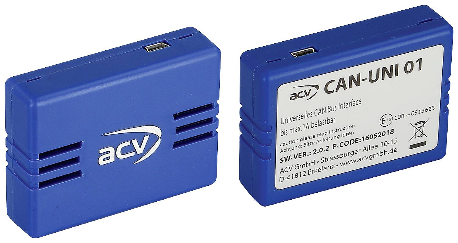 Dva modré elektronické moduly s nápisem 'acv' a 'CAN-UNI 01' určené pro připojení k systému CAN-Bus.
