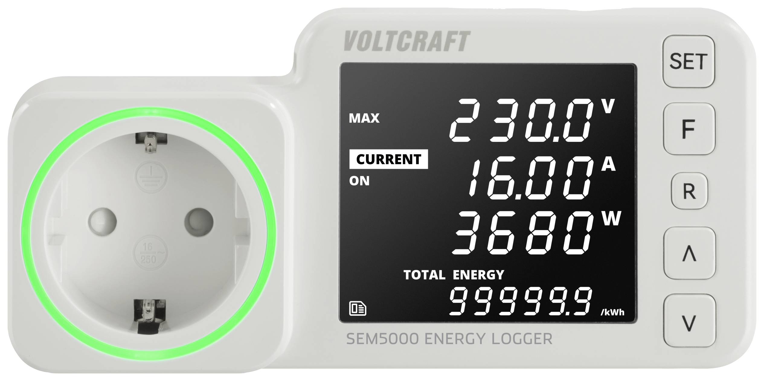 Bílá zásuvka s digitálním displejem zobrazujícím napětí (230,0 V), proud (16,00 A) a příkon (3680 W). Ovládací tlačítka menu vpravo.