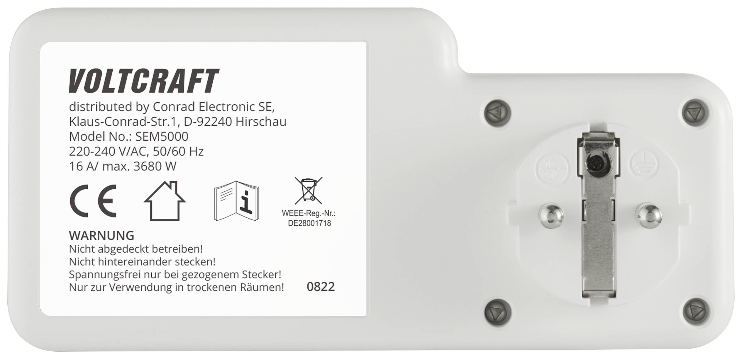 Zadní strana bílého adaptéru Voltcraft s technickými údaji: Model SEM5000, 220-240 V stř., 50/60 Hz, 16 A, max. 3680 W.