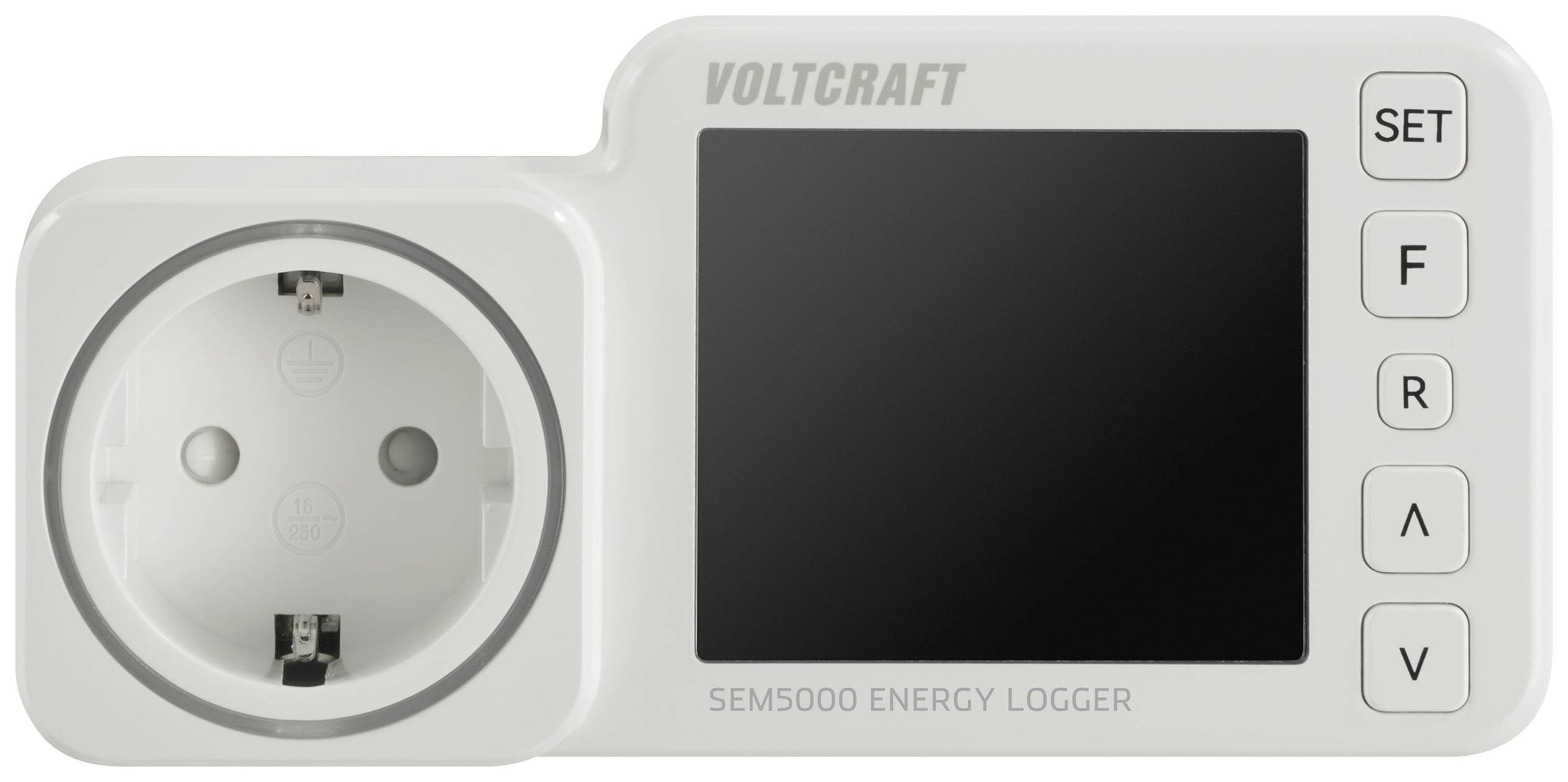 Měřič energie s displejem a zásuvkou vlevo. Čtyři tlačítka vpravo: SET, F, R, ∇, ∆. Označení modelu 'SEM5000 ENERGY LOGGER'.