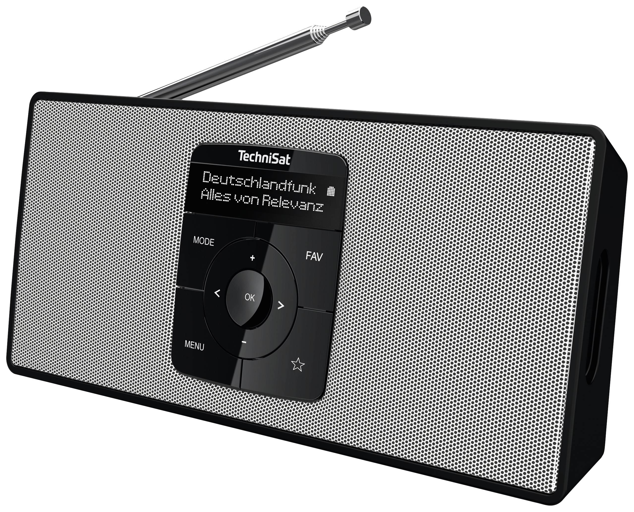 Černé přenosné rádio s reproduktorovou mřížkou, tlačítky pro 'Režim', 'OK', 'Menu', 'Oblíbené' a displejem 'Technisat', na kterém je zobrazena frekvence 'Deutschlandfunk'.