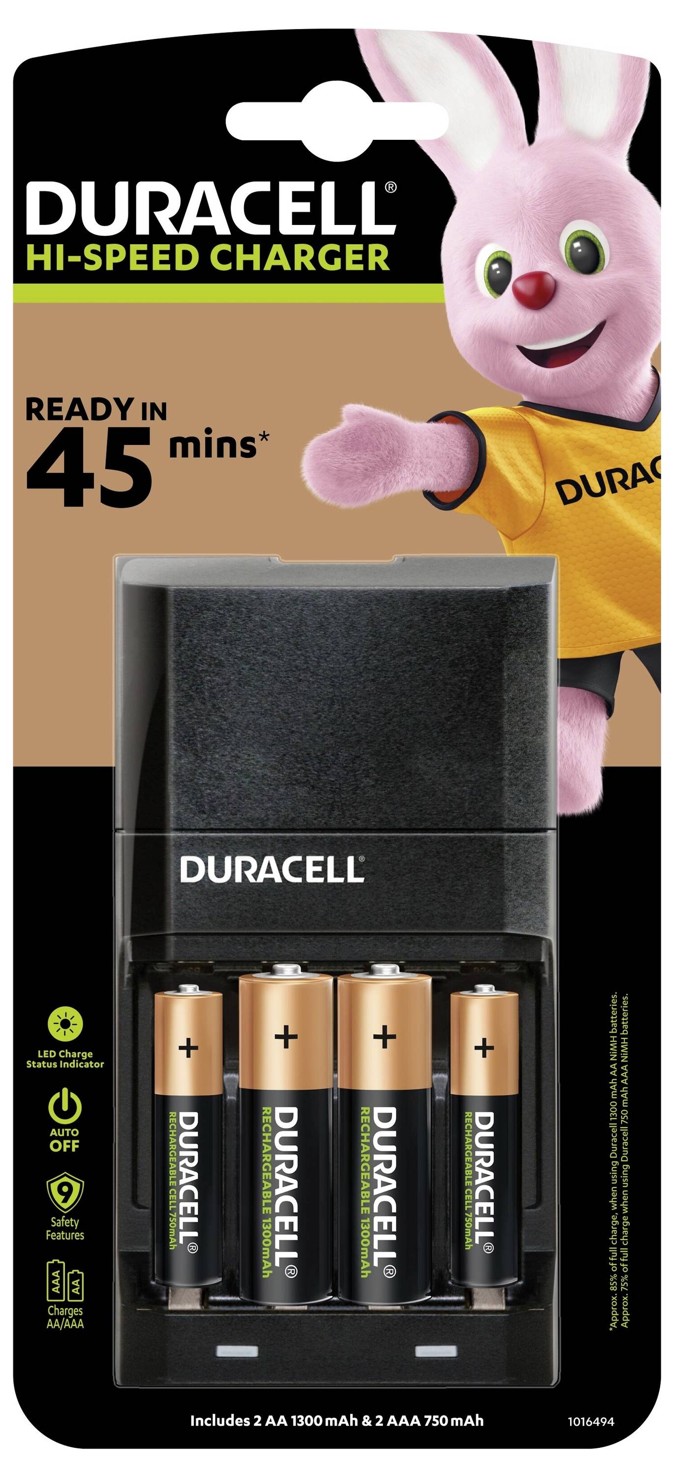Balíček nabíječe Duracell Hi-Speed s bateriemi. Obsahuje 2 baterie AA a 2 baterie AAA. Doba nabíjení je uvedena jako „Připraveno za 45 minut".