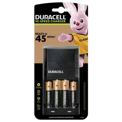 Balíček nabíječe Duracell Hi-Speed s bateriemi. Obsahuje 2 baterie AA a 2 baterie AAA. Doba nabíjení je uvedena jako „Připraveno za 45 minut".