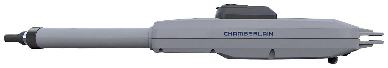 Elektrický pohon brány s šedým krytem a nápisem 'Chamberlain', vhodný pro automatizaci garážových vrat.