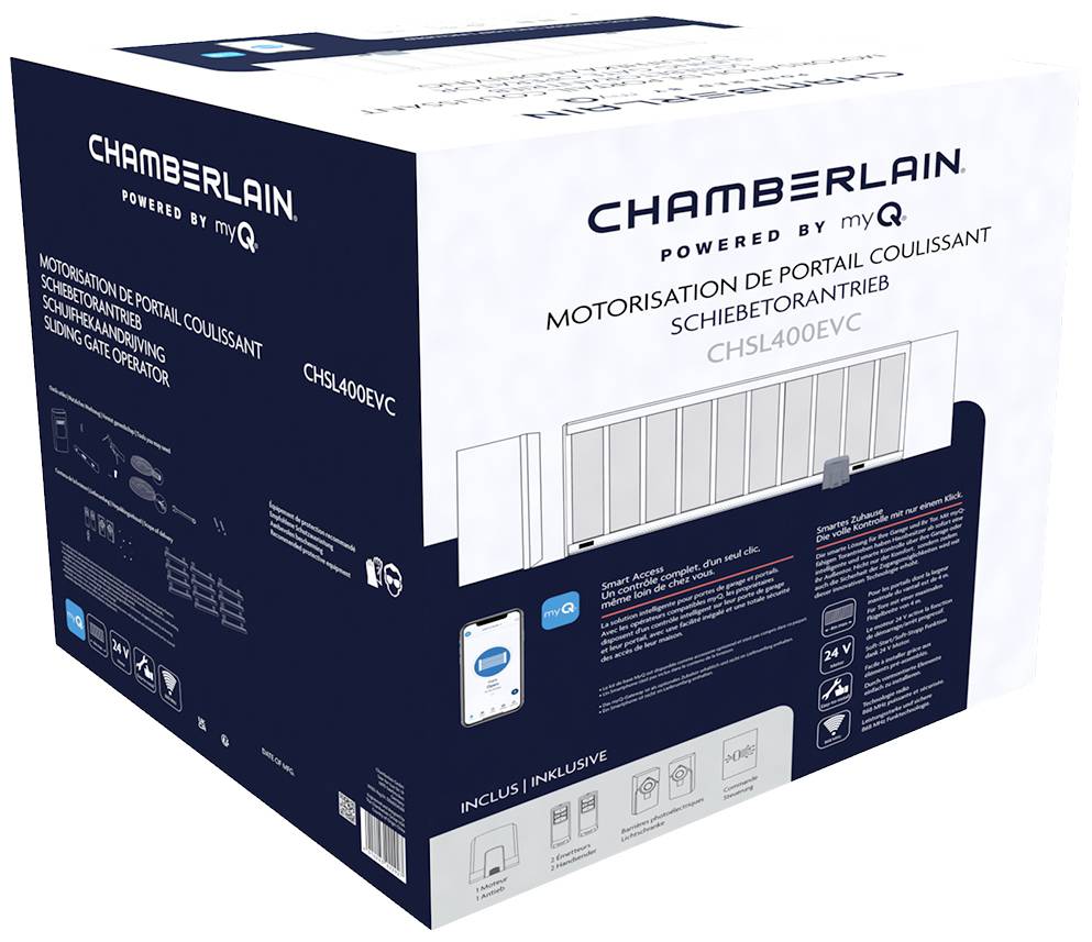 Balení pohonu posuvné brány Chamberlain CHS4400EVC s vyobrazeními produktu a funkcí ovládání přes smartphone.
