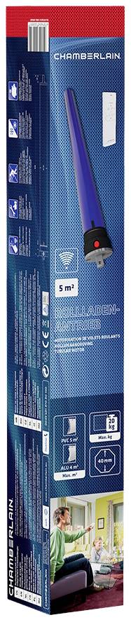 'Chamberlain RolloTron', elektrický navíječ pásu, vhodný pro rolety do 5 m². Obrázek obalu s návodem k montáži.