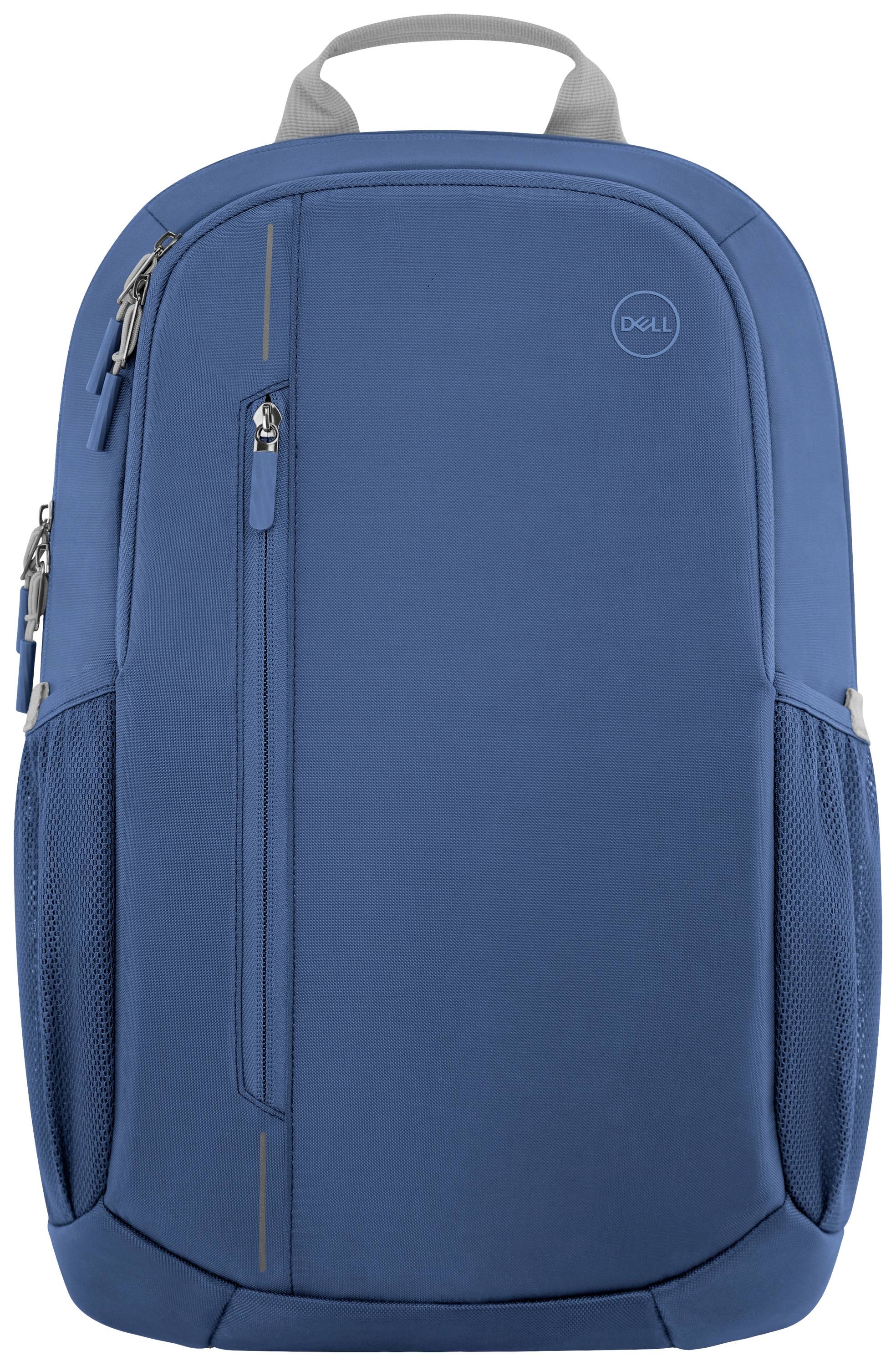 Modrý batoh s několika zipy a přihrádkami, vhodný pro přepravu laptopů a osobních věcí.