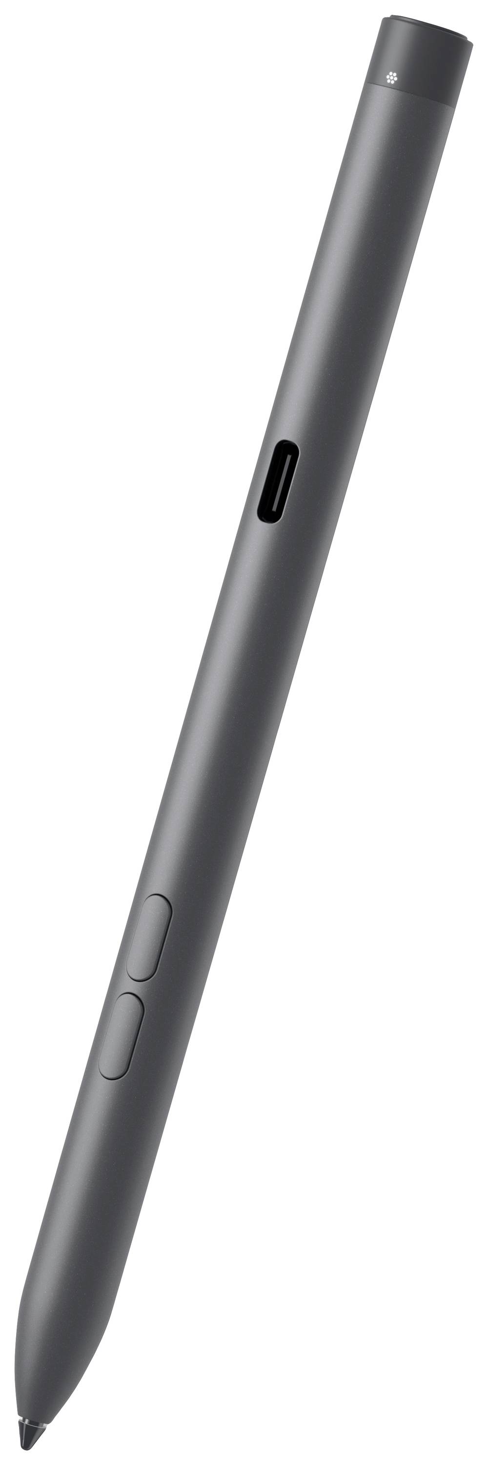 Černé digitální pero s dvěma tlačítky na straně a USB portem, vhodné pro dotykové obrazovky a digitální kreslení.