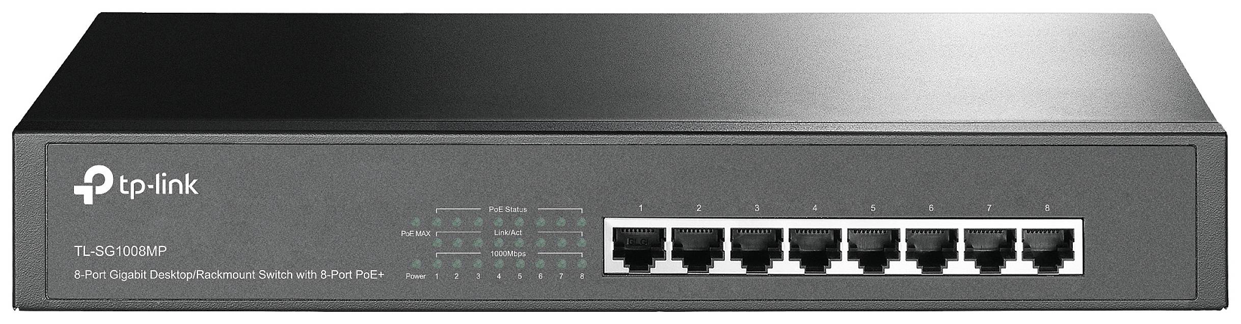 Osmiportový gigabitový stolní switch od TP-Link s funkcí PoE+, model TL-SG1008MP.