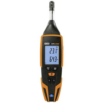 Digitální měřicí přístroj pro zobrazení teploty 23,1°C a vlhkosti 64,3%. Zařízení má displej a ovládací tlačítka.