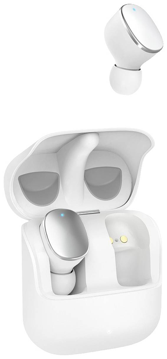 Bezdrátové bílé sluchátky v nabíjecím pouzdře, jedno vyjmuté. Moderní design, kompaktní, přenosné.