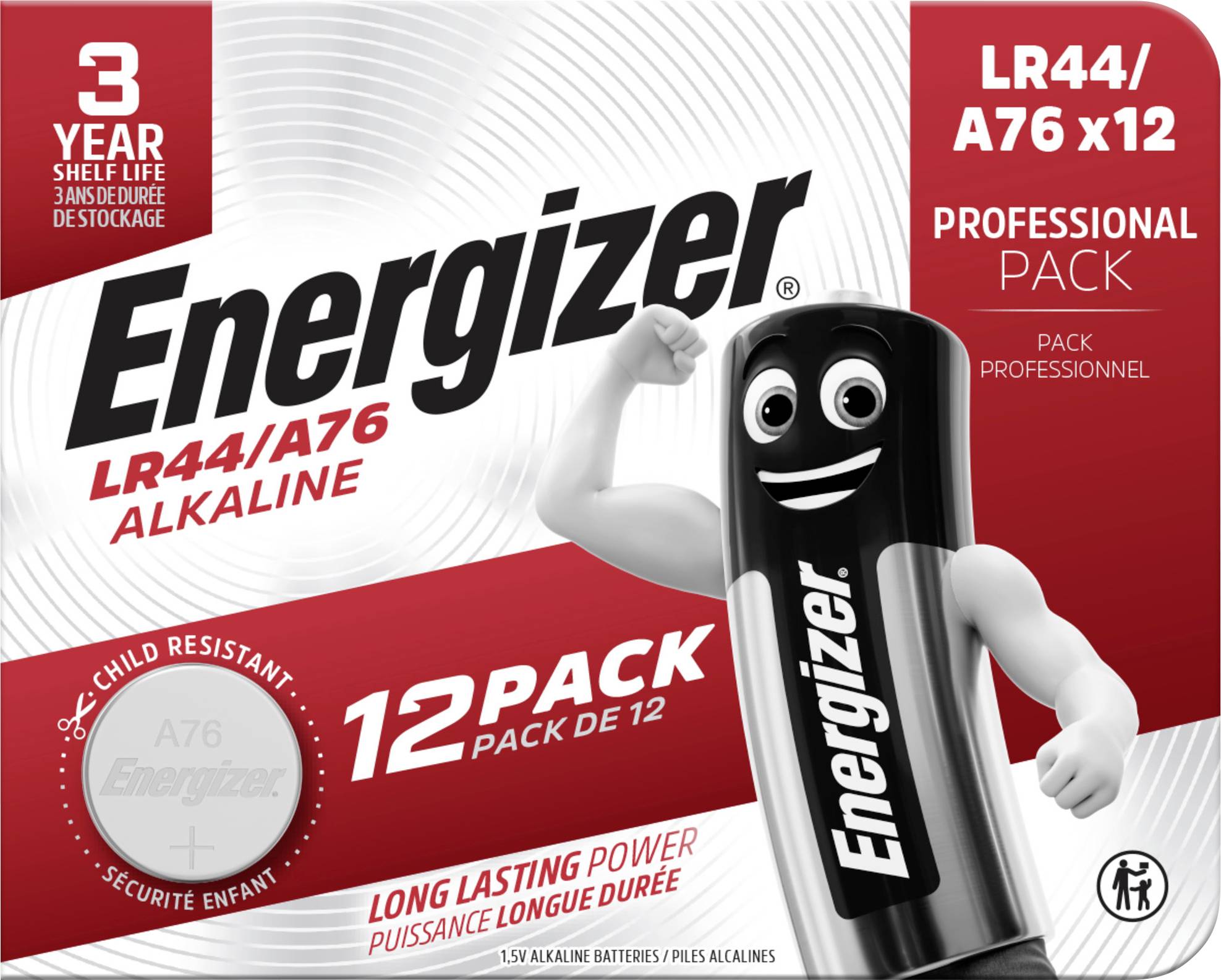 Energizer LR44/A76 Alkalické 12 kusů; Bezpečné proti dětem; Dlouhotrvající výkon; Životnost 3 roky; Profesionální balení.