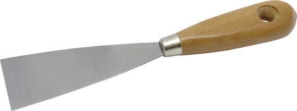 Malířská nebo zednická špachtle s dřevěnou rukojetí a kovovou čepelí, používaná k nanášení nebo stahování povrchových materiálů.