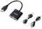 HDMI-VGA adaptér se třemi porty: HDMI, VGA a Audio. Dva přiložené kabely: USB kabel a audiokabel.