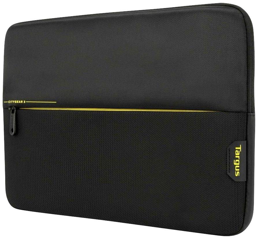 Černé pouzdro na notebook se žlutým zipem a žlutým logem 'Targus', vhodné pro ochranu a přepravu notebooku.