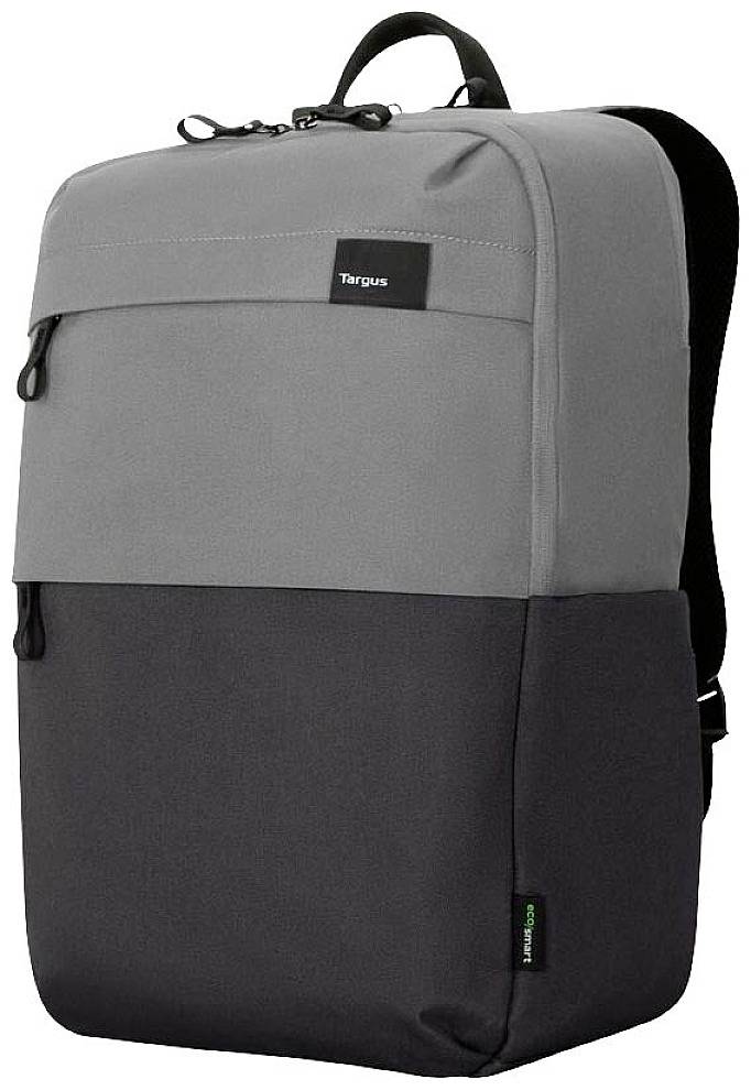 Šedý a černý batoh na notebook s rukojetí a zipem, vhodný pro každodenní použití a cestování.