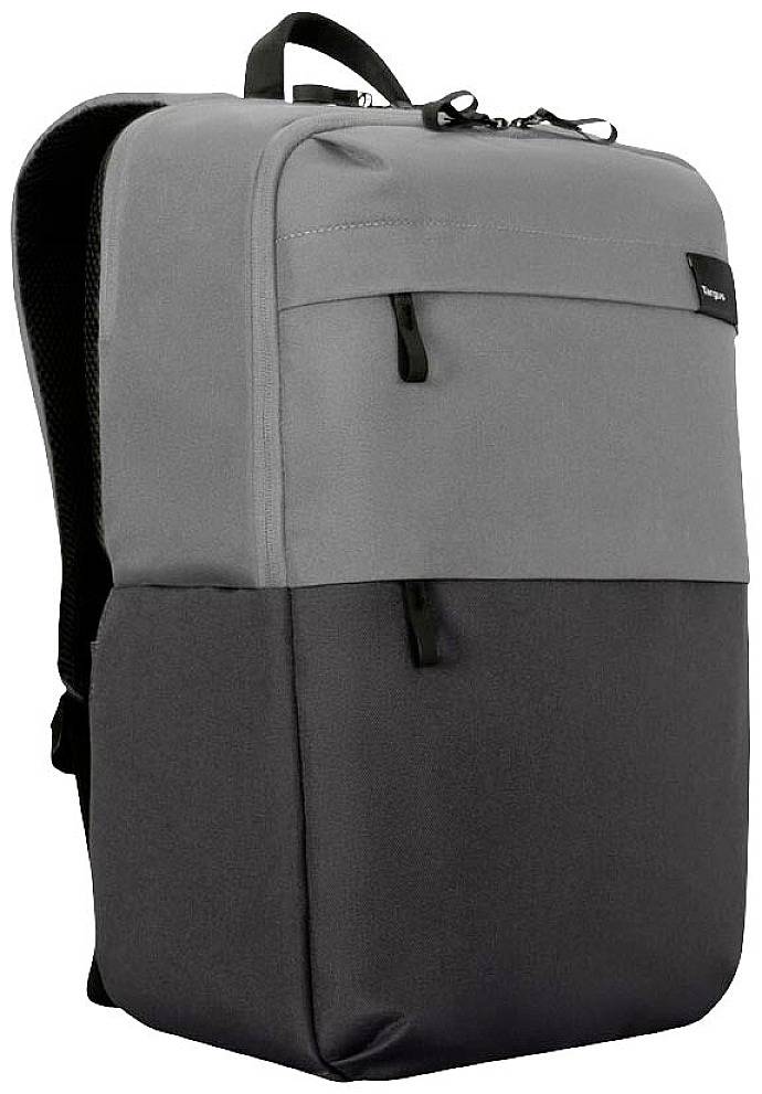 Šedý a černý batoh se dvěma zipovými kapsami. Jednoduché designové provedení, vhodné pro každodenní použití nebo cestování.