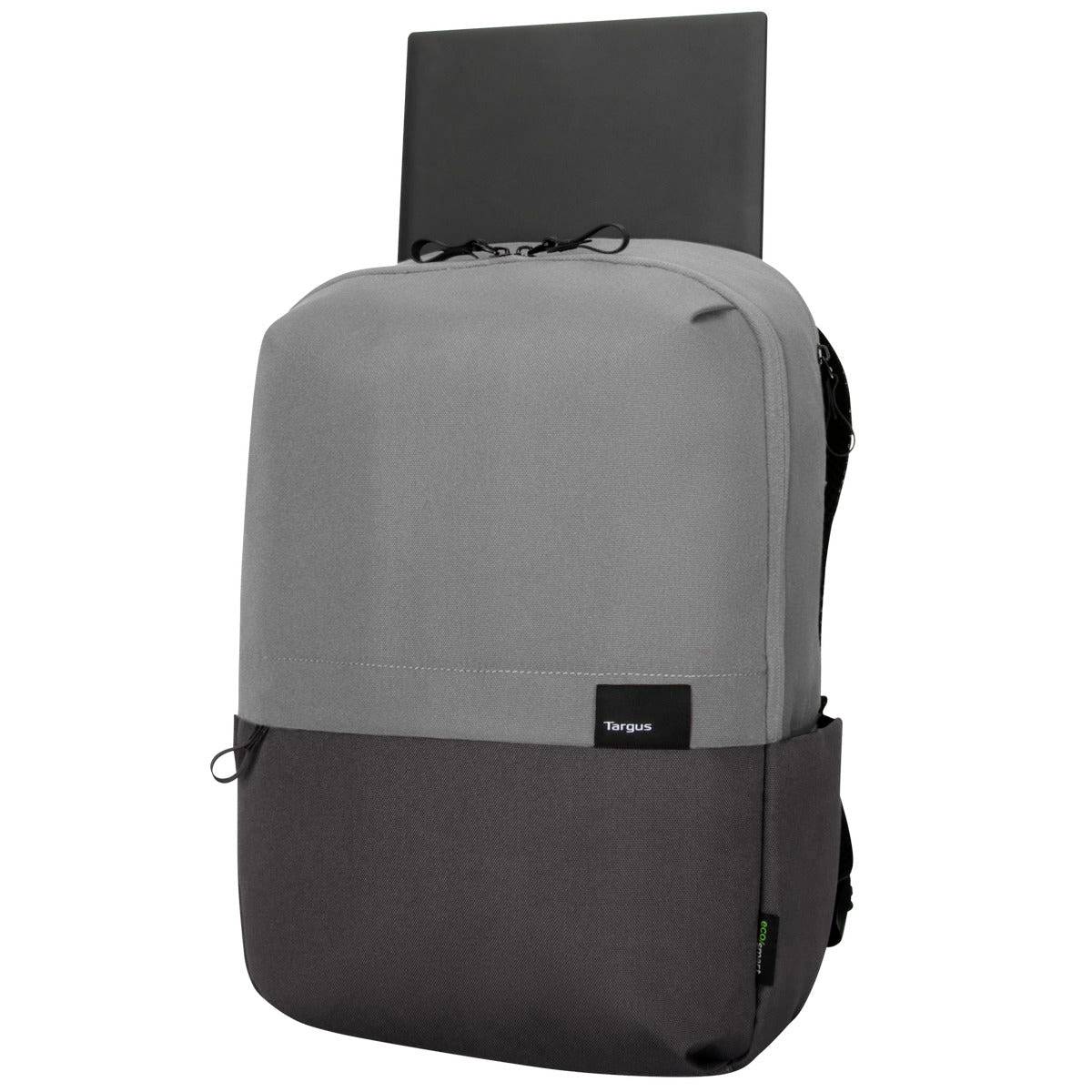 Šedý a černý batoh s prostorem pro notebook, ve kterém je notebook viditelně uložen. Ideální pro bezpečnou přepravu notebooku.