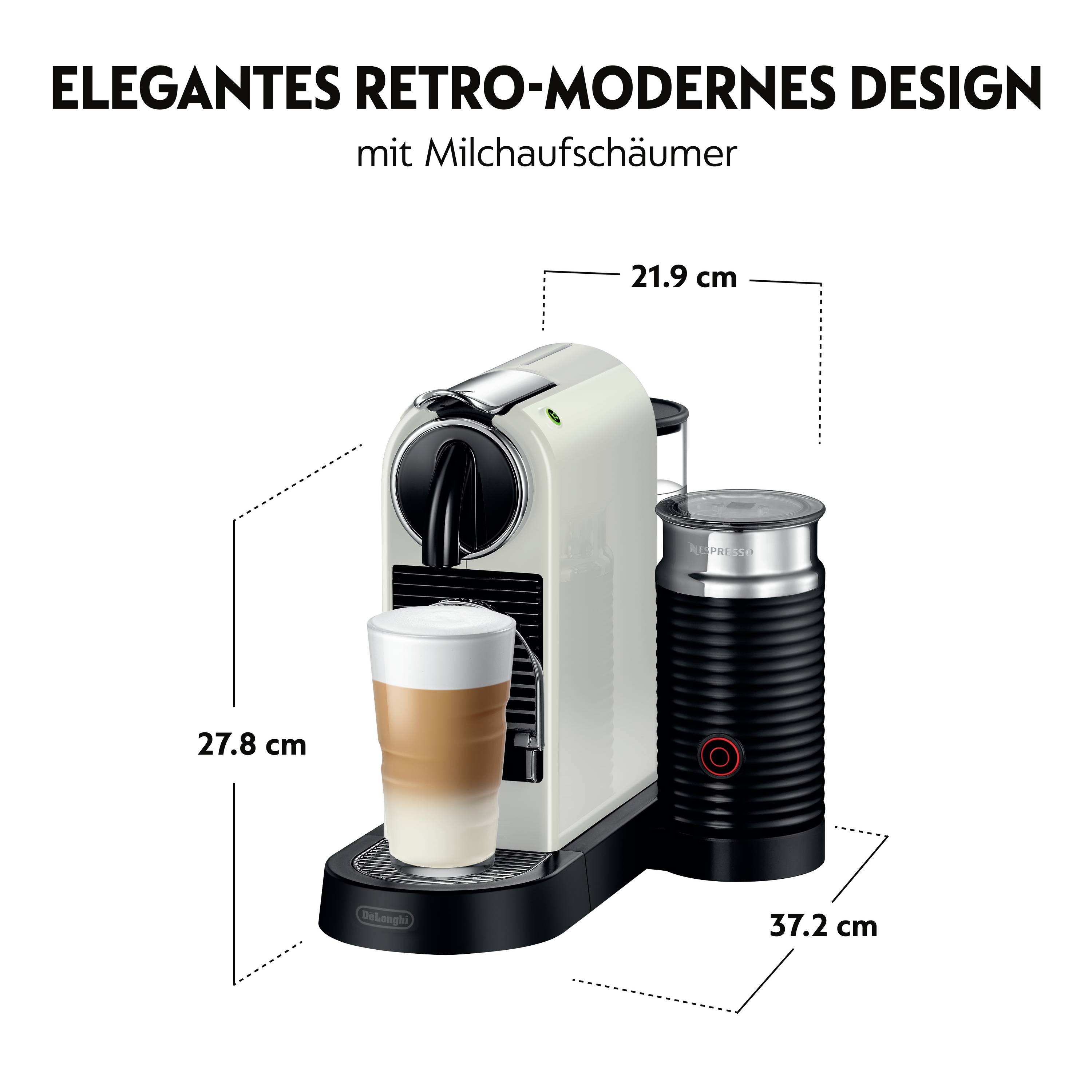 Espresso kávovar s napěňovačem mléka. Rozměry: výška 27,8 cm, šířka 21,9 cm, hloubka 37,2 cm. Popis: Elegantní retro-moderní design.