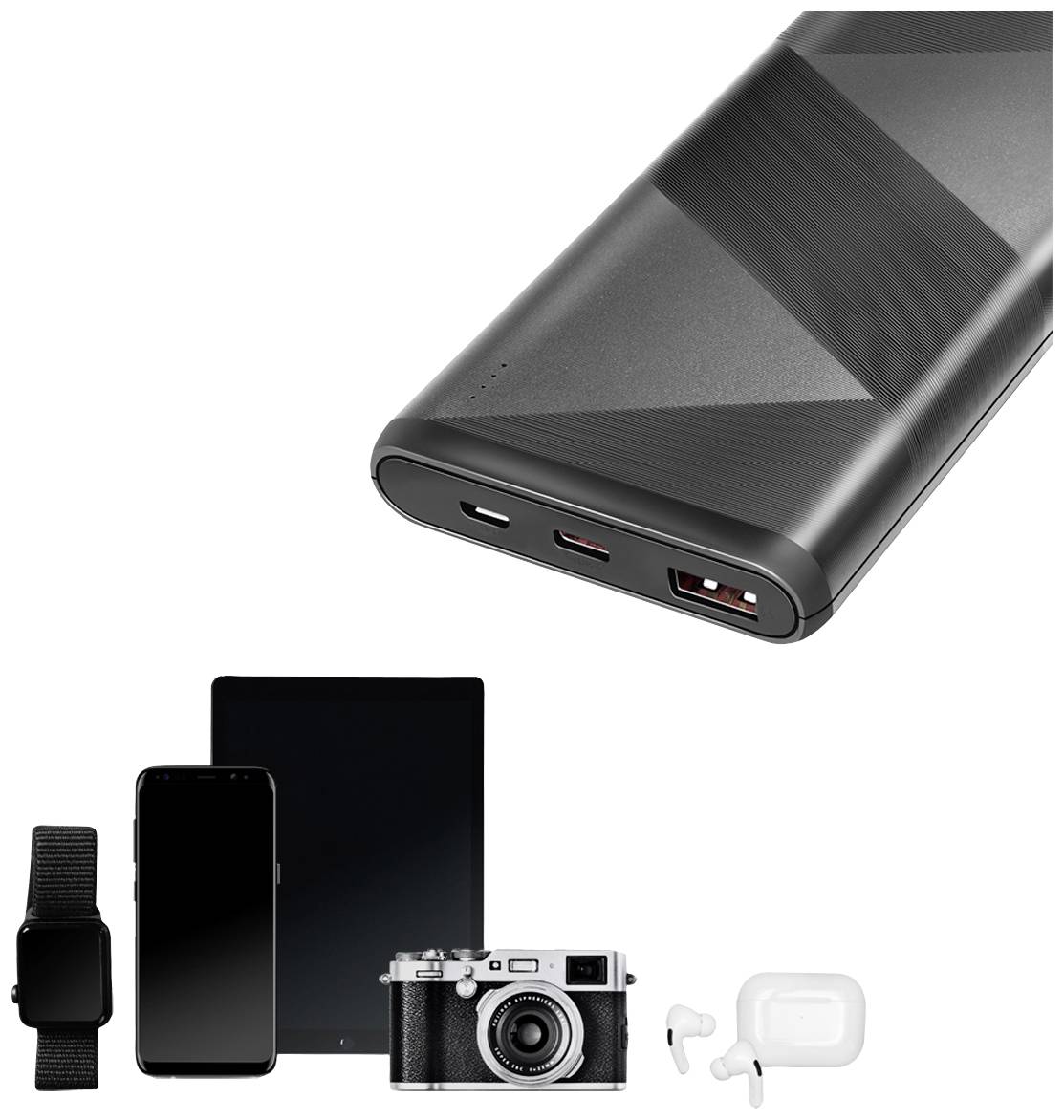 Černá powerbanka je v centru pozornosti, pod ní jsou zobrazena zařízení jako jsou chytré hodinky, smartphone, tablet, fotoaparát a sluchátka.