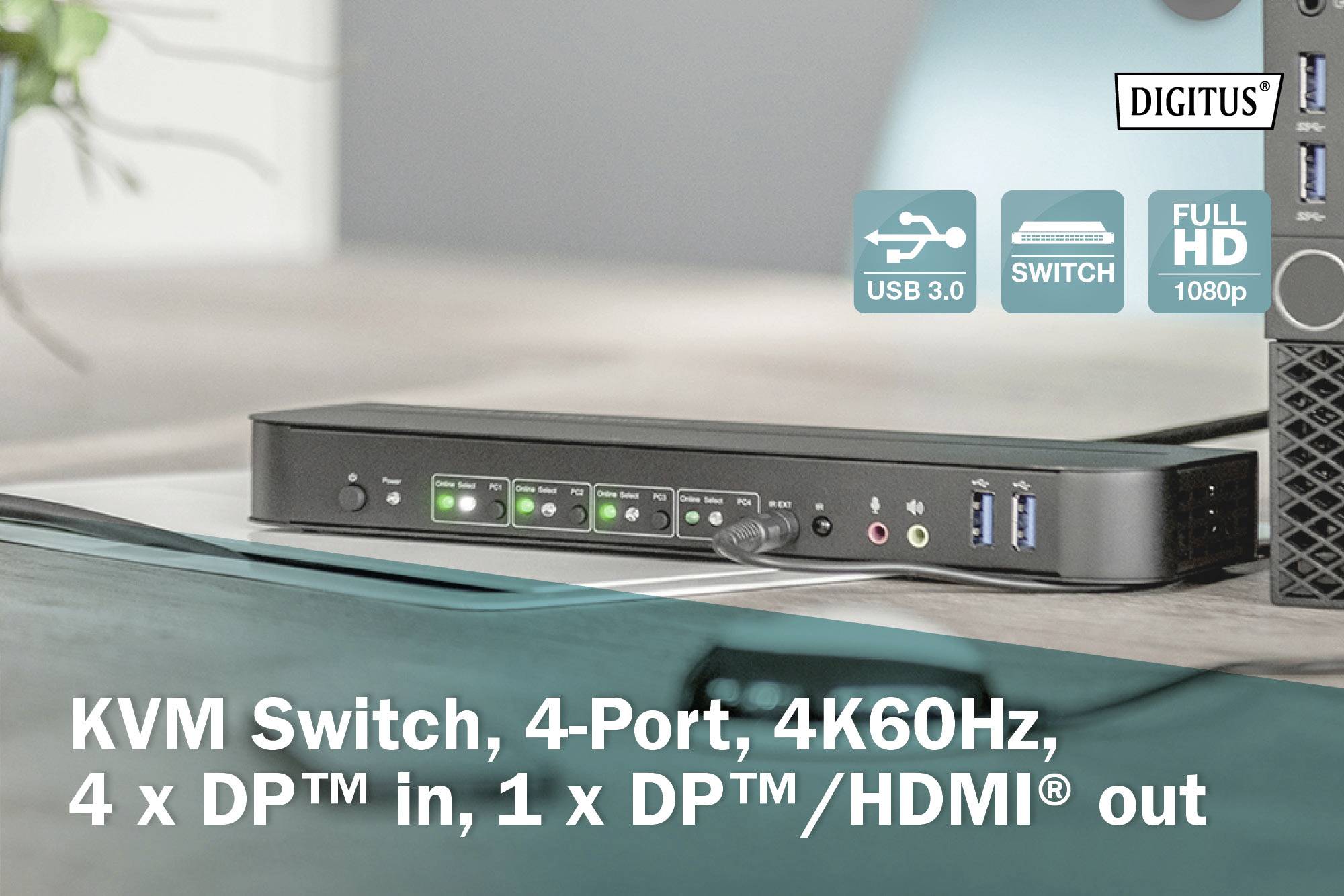 KVM přepínač se 4 porty, 4K60Hz, 4 x DP™ vstupy, 1 x DP™/HDMI® výstup. Podporuje USB 3.0. Logo Digitus nahoře vpravo.