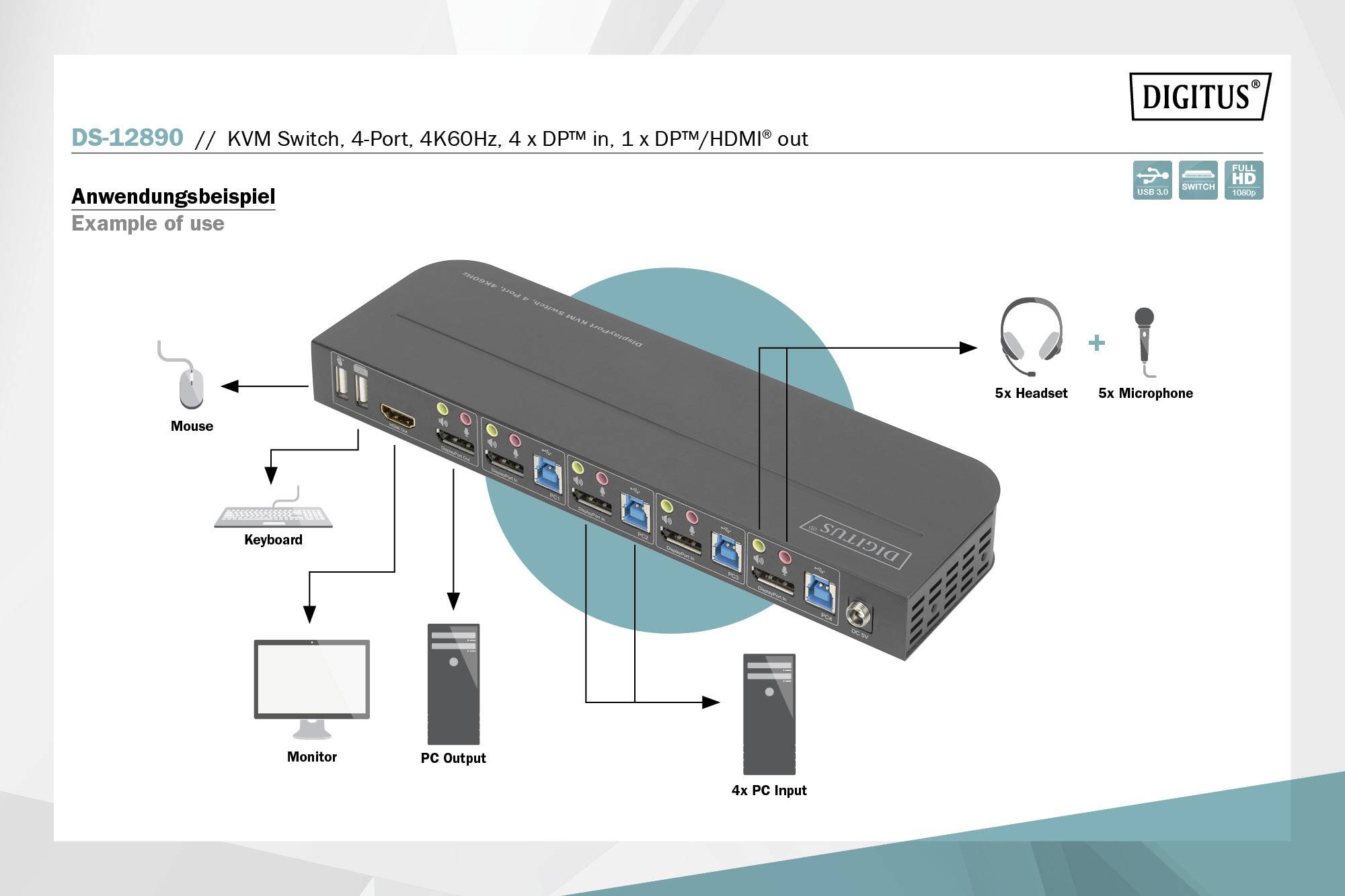 Diagram přepínače KVM Digitus DS-12890 zobrazuje přípojky pro myš, klávesnici, monitor, vstup PC, výstupy PC a audio.