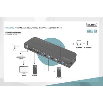 Diagram přepínače KVM Digitus DS-12890 zobrazuje přípojky pro myš, klávesnici, monitor, vstup PC, výstupy PC a audio.
