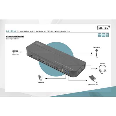 KVM přepínač DS-12890 od Digutusu nabízí konektory: 4x DP™ vstup, 1x DP™/HDMI™ výstup. Připojitelný s infračervenou jednotkou, mikrofonem, headsetem, USB flashdiskem, externím diskem.
