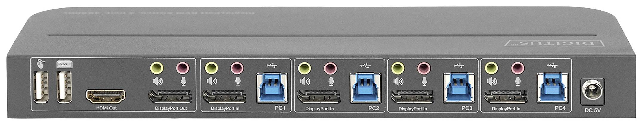 Zadní strana KVM přepínače s několika USB, HDMI, DisplayPort a audio porty, vhodná pro připojení více počítačů.