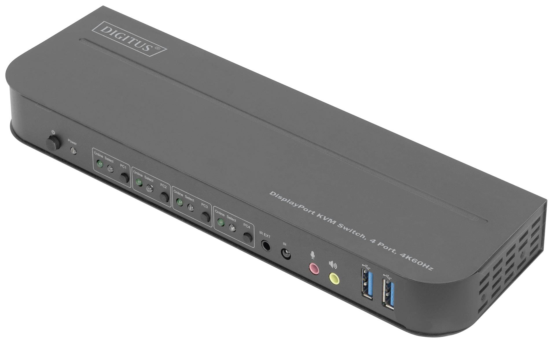 Šedočerný KVM přepínač s několika možnostmi připojení, tlačítky a popisky na povrchu pro správu zobrazovacích a USB zařízení.