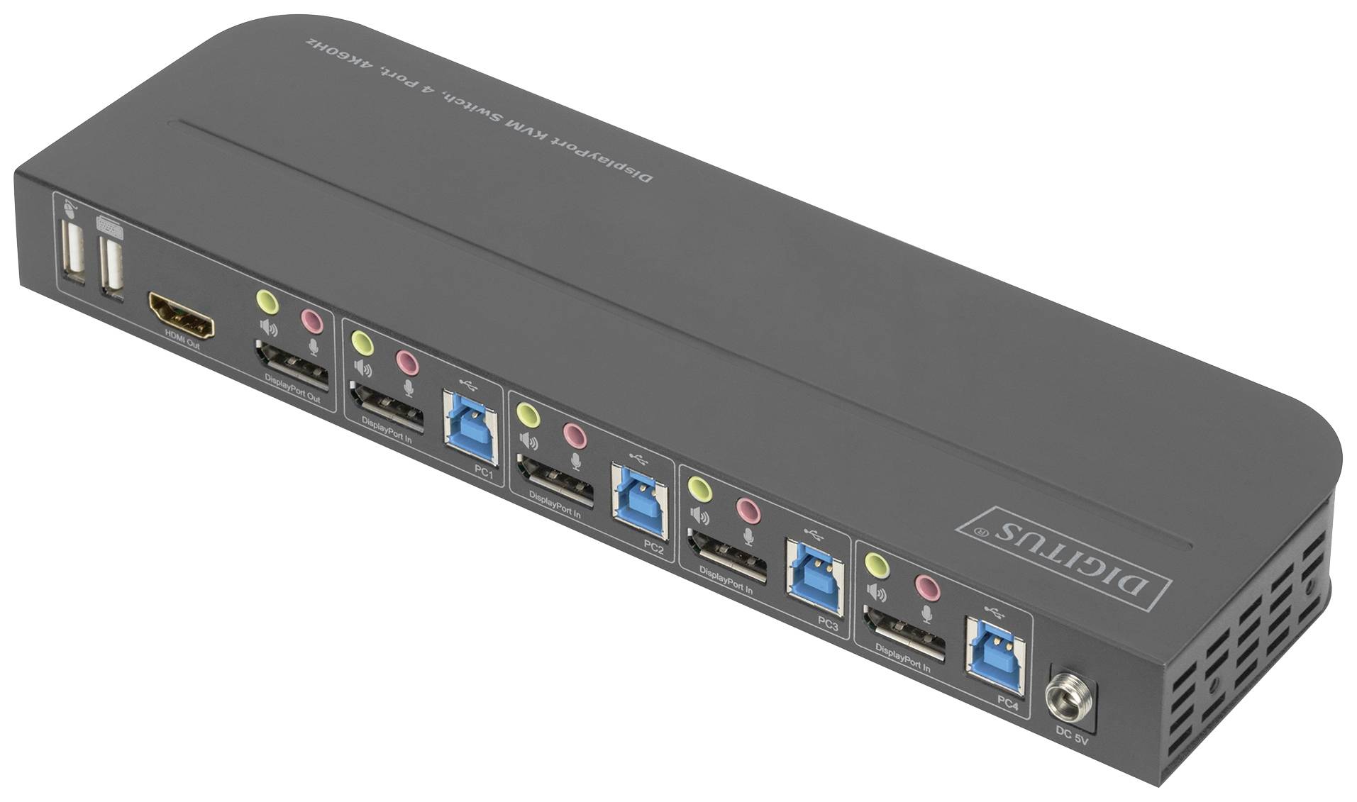 Dokovací stanice Digitus s 7 porty, USB 3.0, HDMI, audio rozhraními zobrazuje různé porty pro rozšířené připojení na šedém těle zařízení.