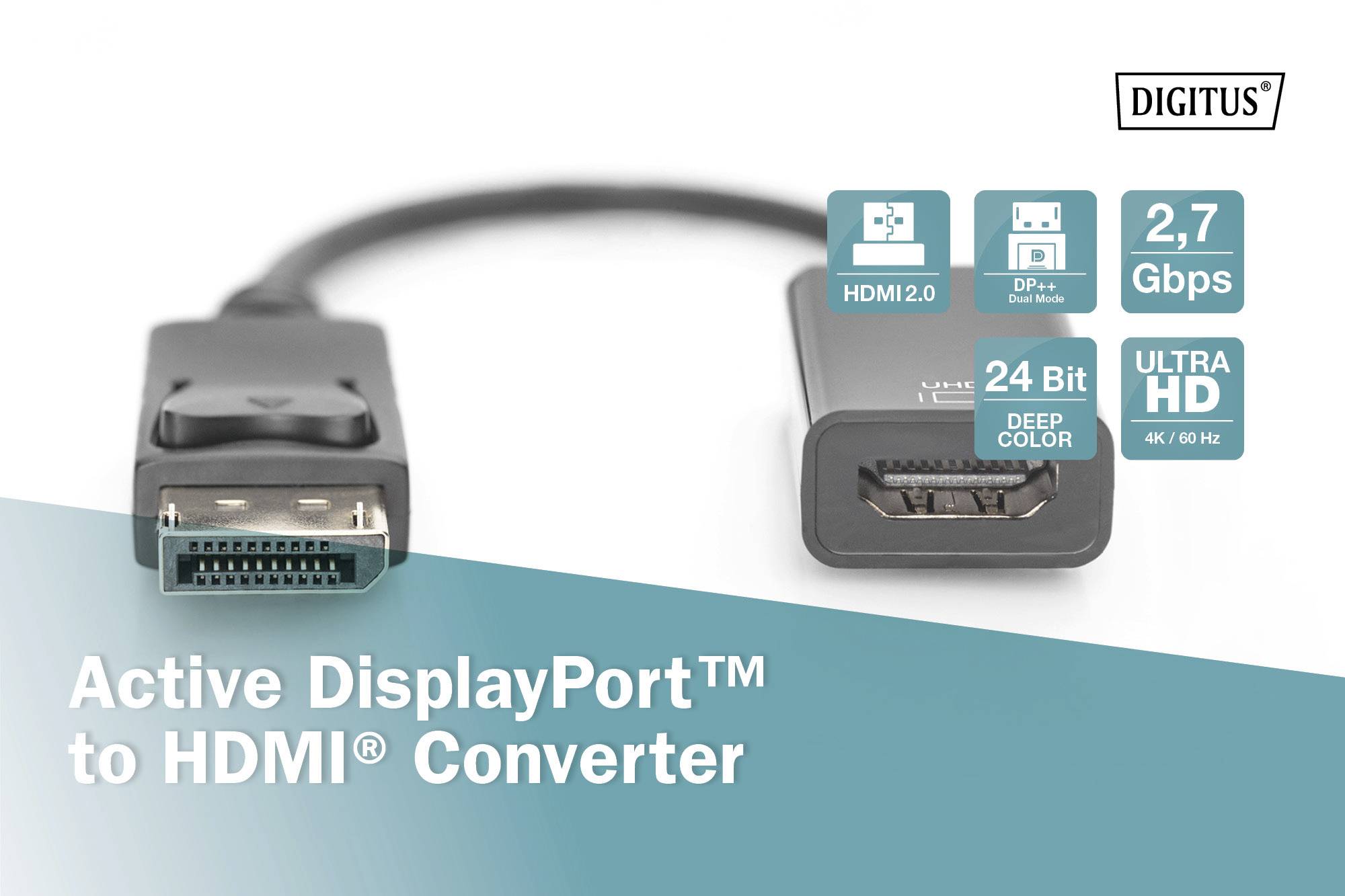 Aktivní DisplayPort na HDMI konvertor, podporuje HDMI 2.0, 24bitovou barevnou hloubku, 2,7 Gbps, Ultra HD 4K/60 Hz.