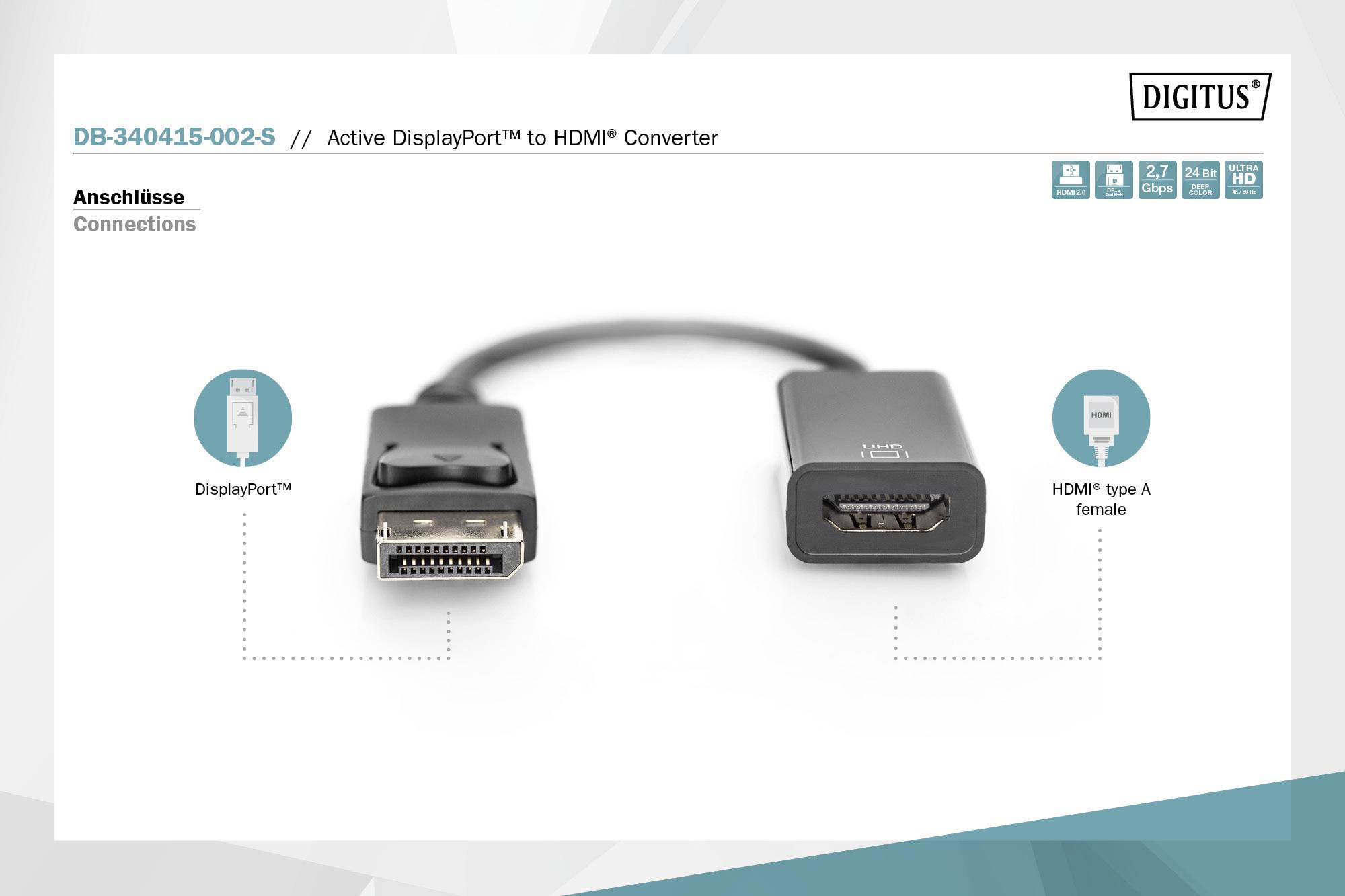 Adaptér DisplayPort na HDMI. Vlevo: DisplayPort zástrčka. Vpravo: HDMI-A zásuvka. Nahoře: Název produktu a značka.