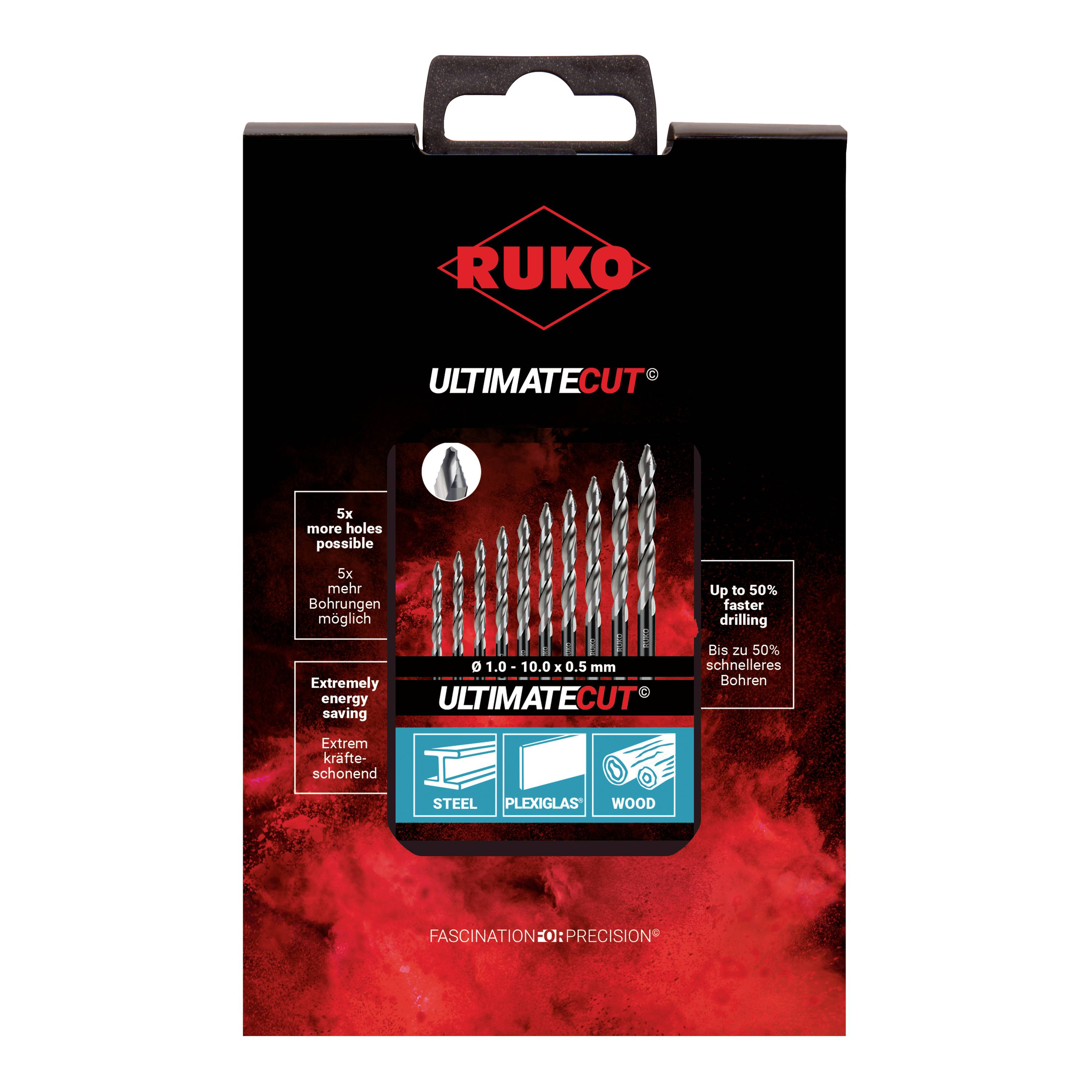 Sada osmi stříbrných vrtáků vhodných pro ocel, plexisklo a dřevo, s nápisem 'Ruko UltimateCut'.