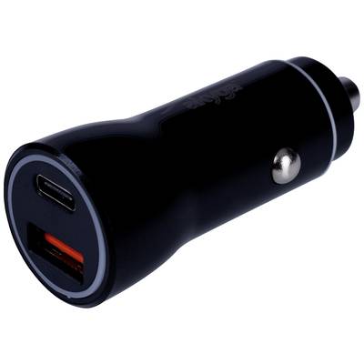 Černá USB autonabíječka se dvěma porty, USB-C a USB-A, vhodná pro současné nabíjení několika zařízení.