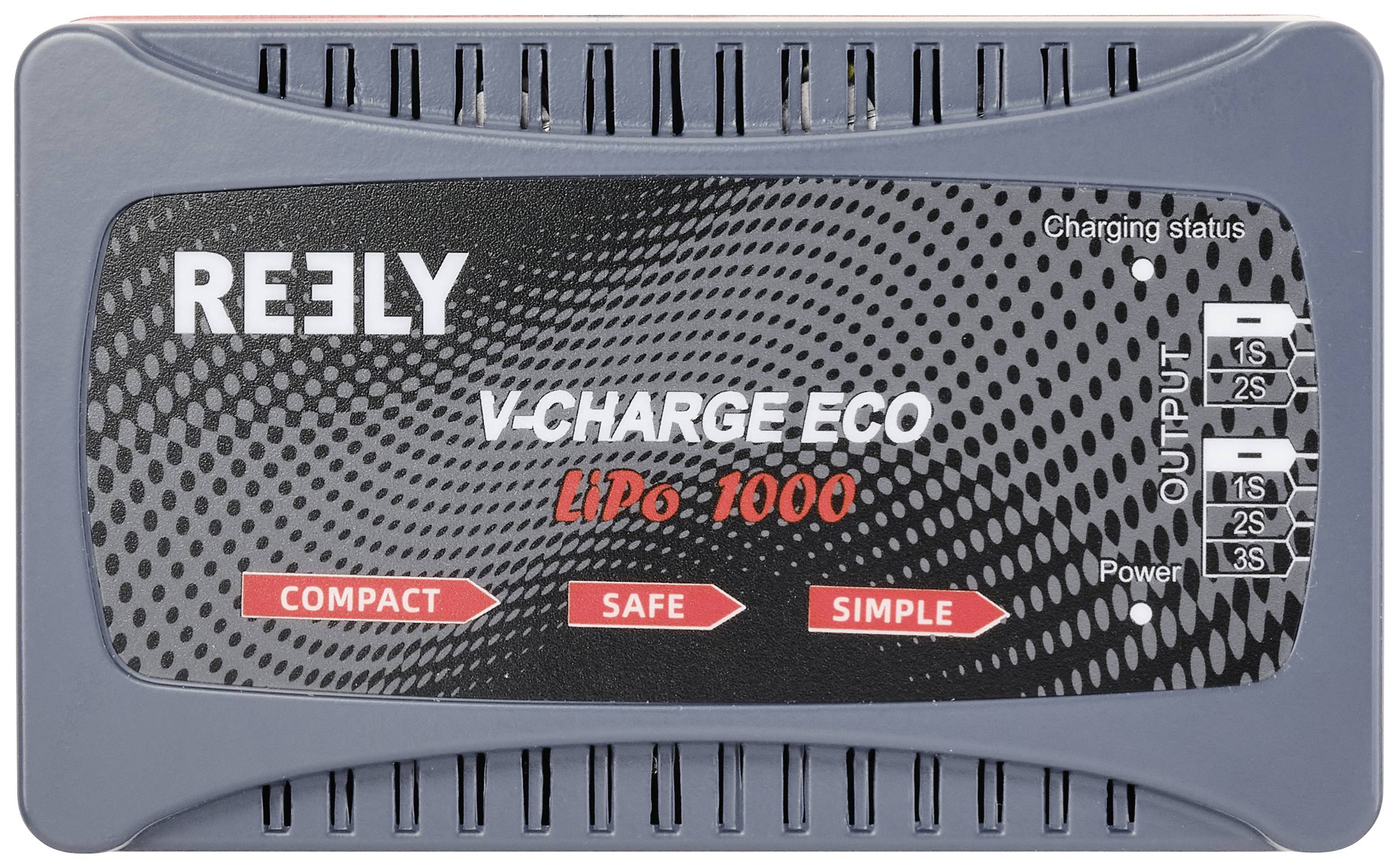 Nabíječka na LiPo akumulátory, zobrazuje 'V-CHARGE ECO LiPo 1000', s možnostmi pro 1S, 2S a 3S. Přítomen stavový displej a vypínač.