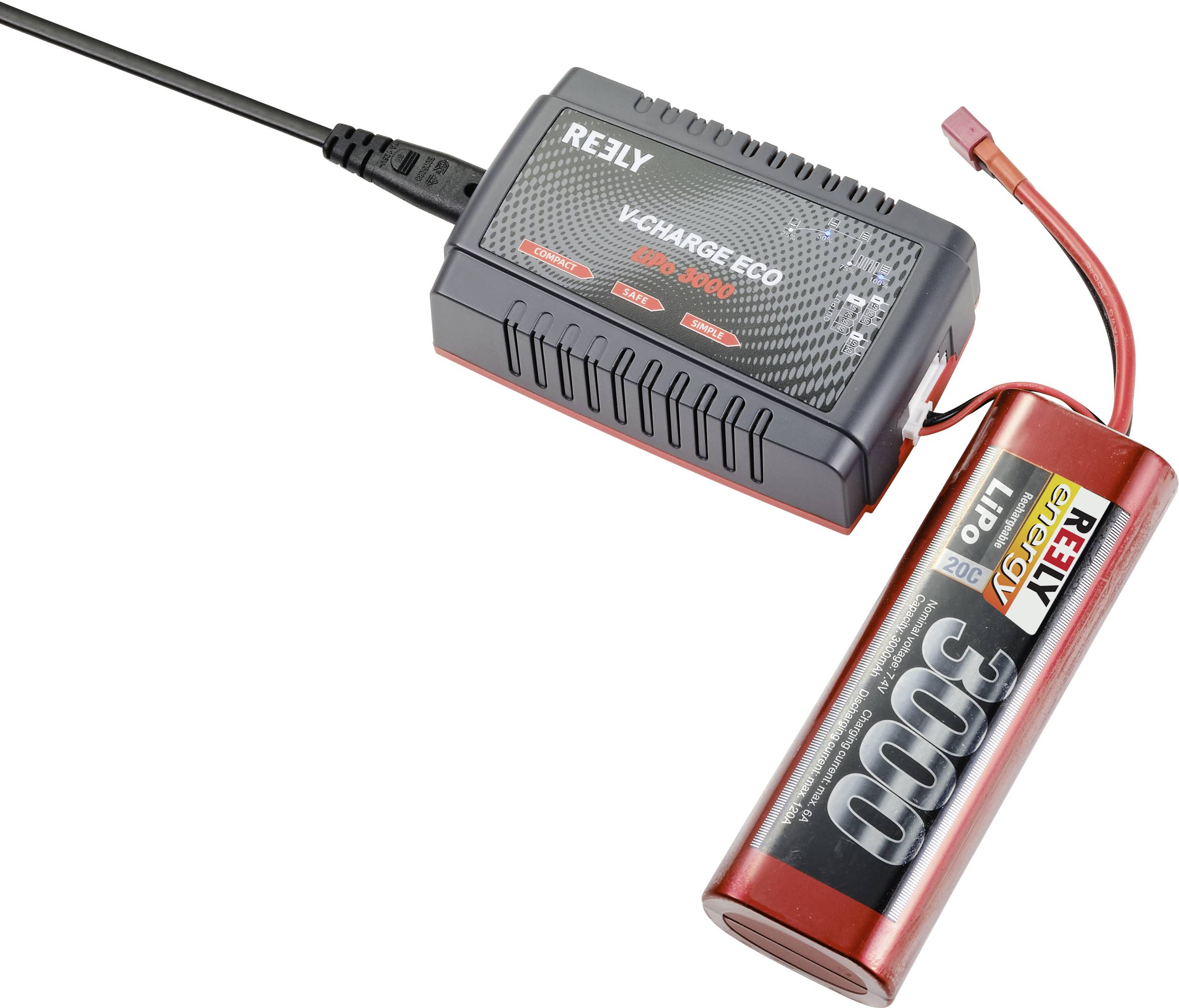 Nabíječka 'REELY V-Charge Eco' připojená k červenému LiPo akumulátoru o kapacitě 3000 mAh.