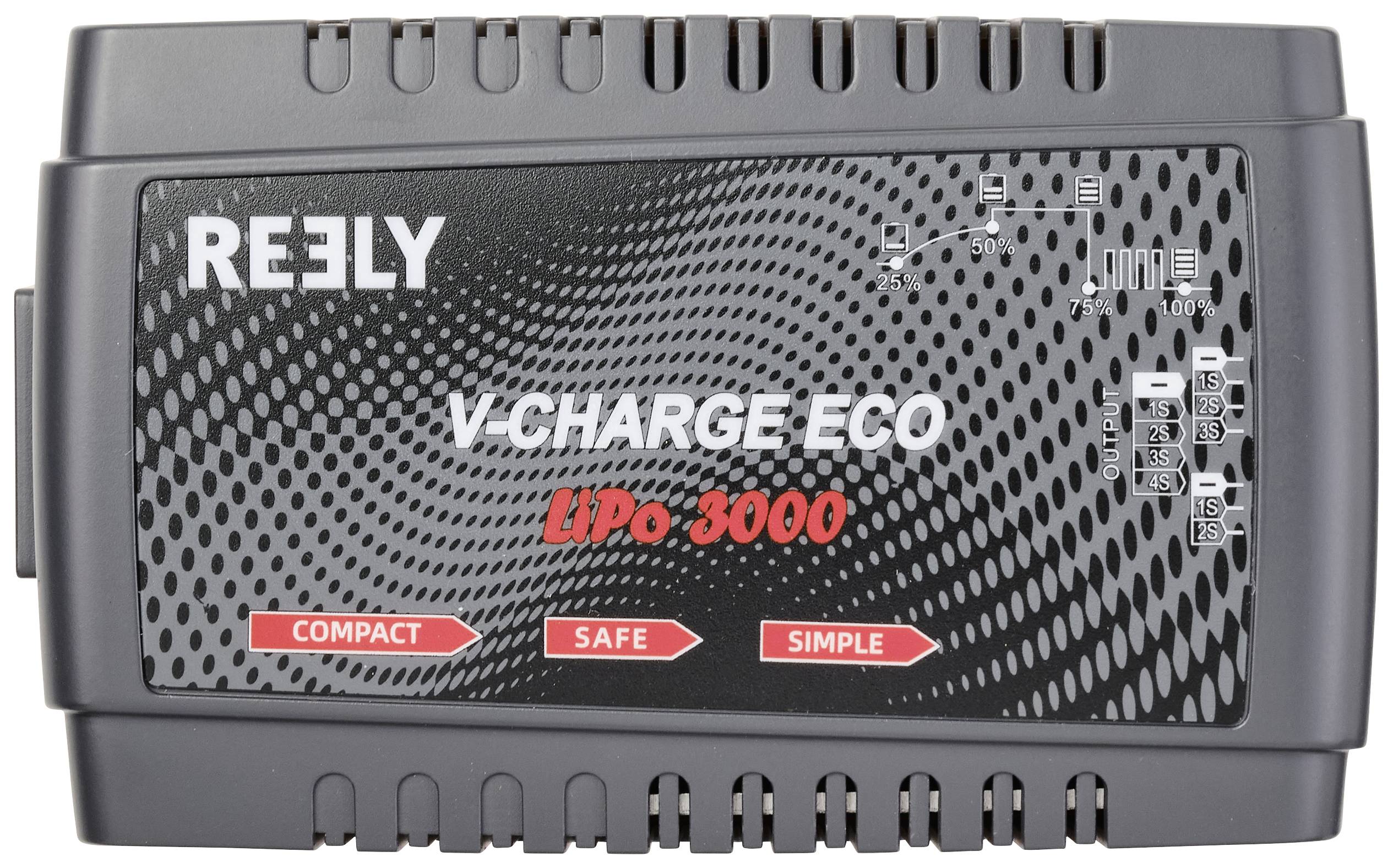 Nabíječka s nápisem 'Reely V-Charge Eco LiPo 3000'. Vlastnosti: kompaktní, bezpečná, jednoduchá. Kontrolní světla pro stav nabíjení.