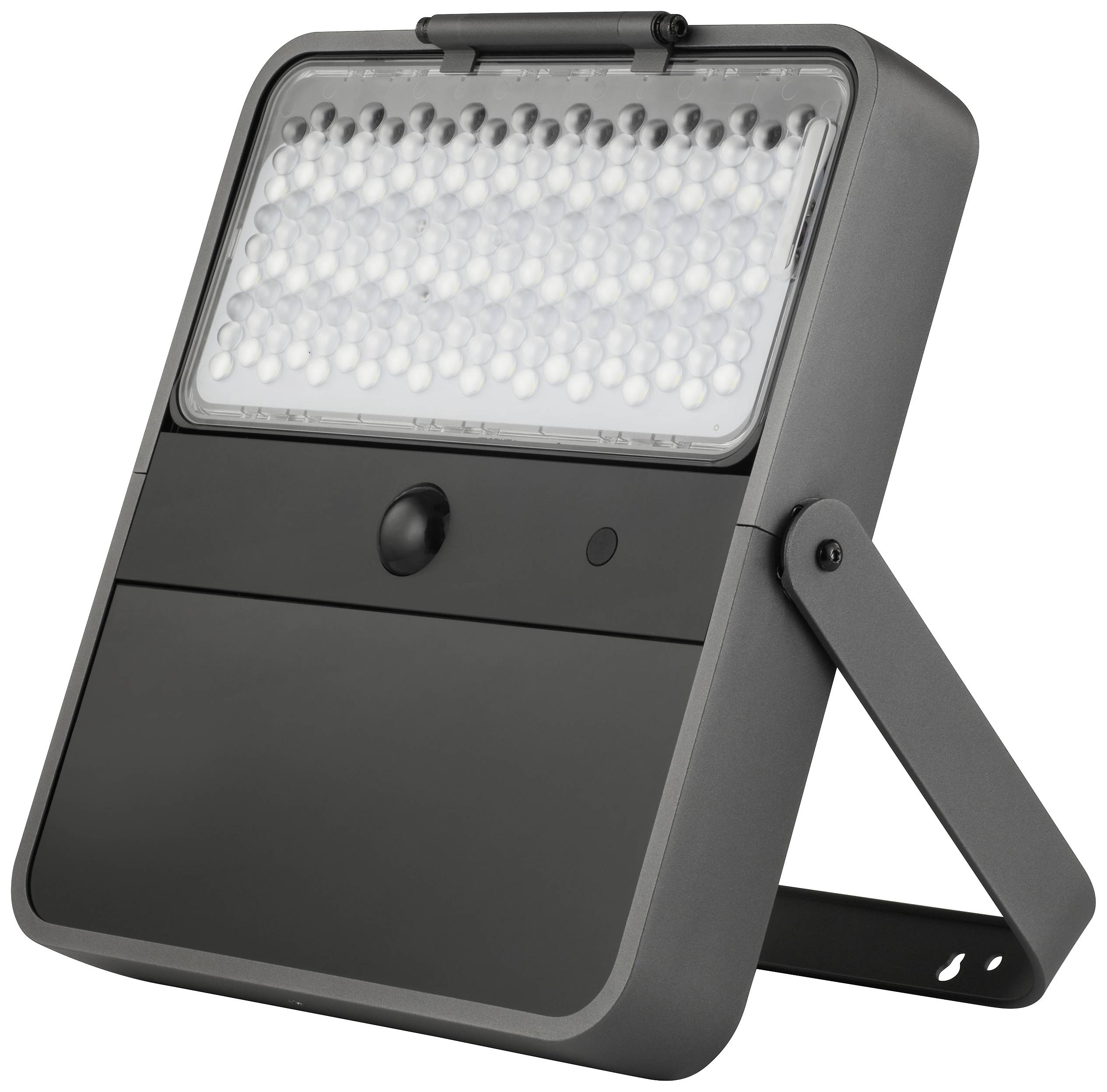 LED venkovní reflektor s pohybovým senzorem; obdélníkové černé pouzdro; vhodné pro montáž na zeď; ideální pro bezpečnostní osvětlení.