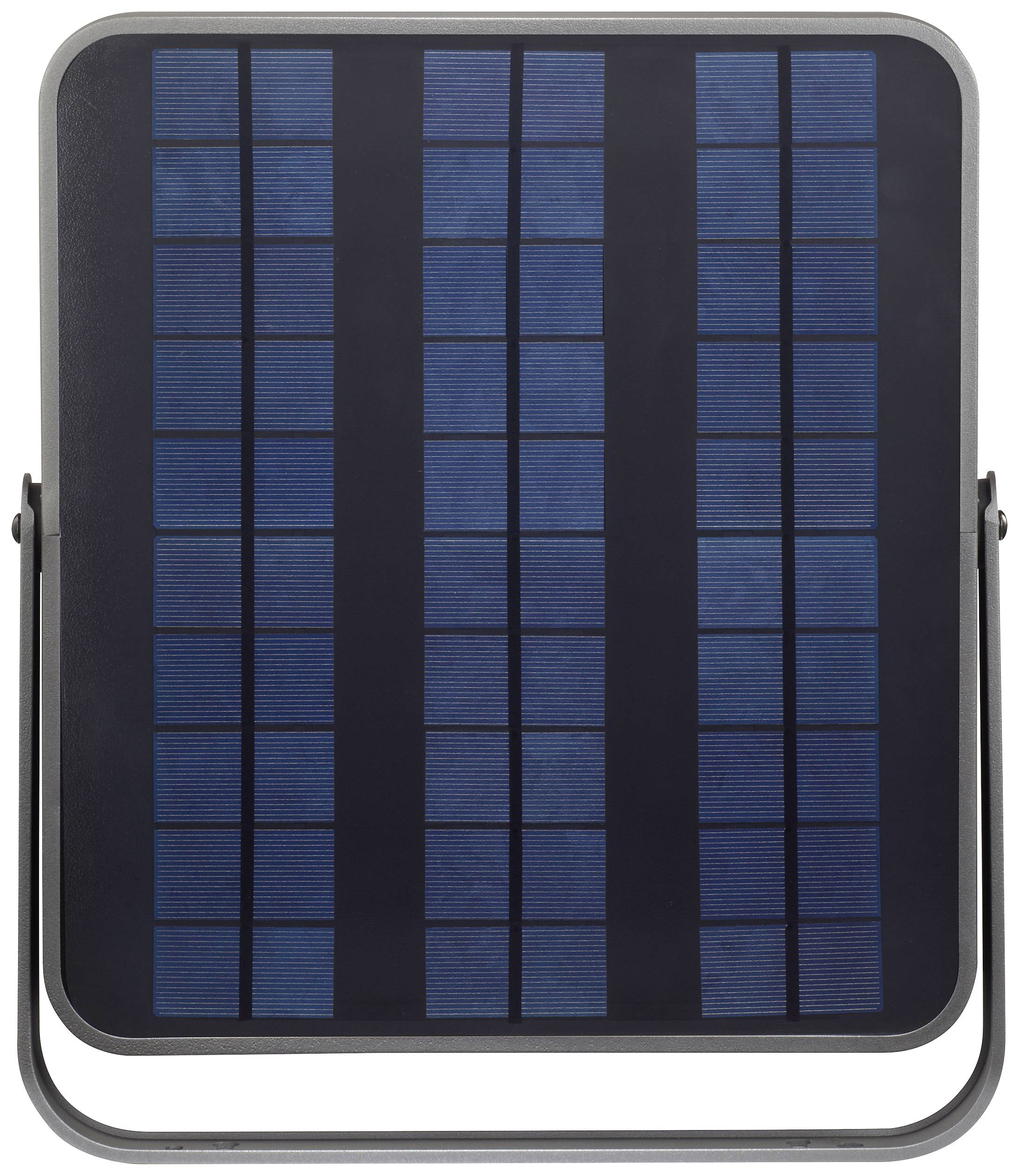 Obdélníkový solární panel s modrými fotovoltaickými články v svislých řadách. Je namontován na kovovém rámu.