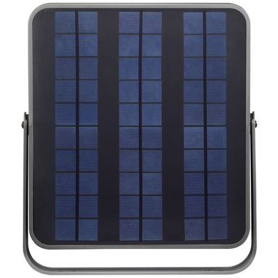 Obdélníkový solární panel s modrými fotovoltaickými články v svislých řadách. Je namontován na kovovém rámu.