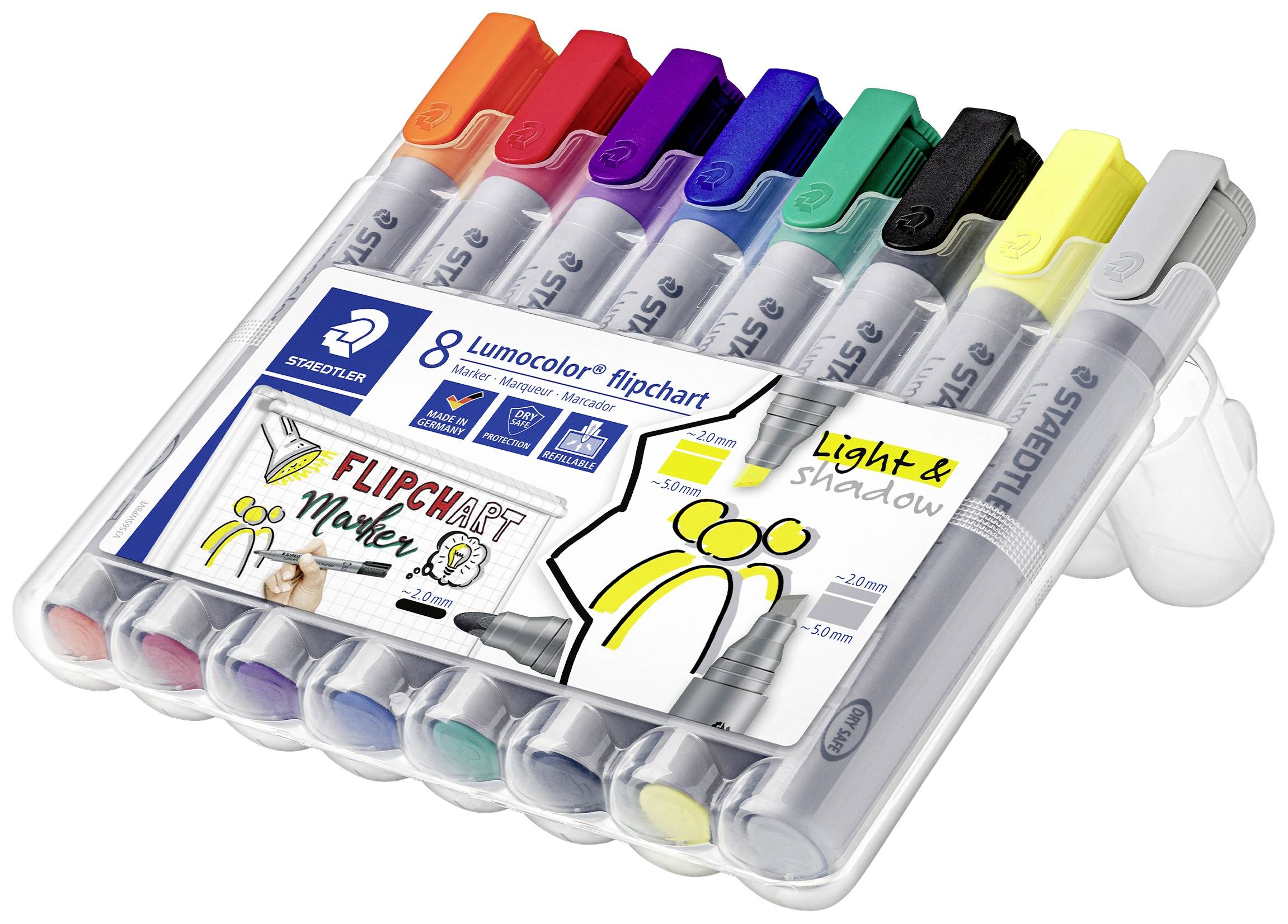 Sada 8 fixů na flipchart v různých barvách, uložená v průhledné plastové krabičce, vhodná pro psaní na whiteboard a papír.