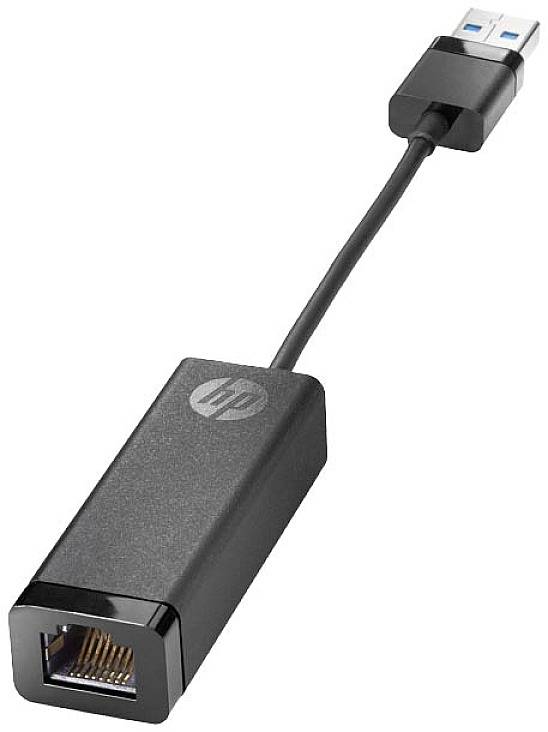 Černý síťový adaptér HP z USB na Ethernet, kabel propojuje USB konektor s ethernetovým portem.