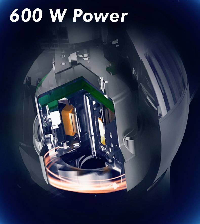 Řez zařízení s válcovitým vnitřním prostorem je vidět. Nahoře je nápis '600 W Power' na tmavém pozadí.