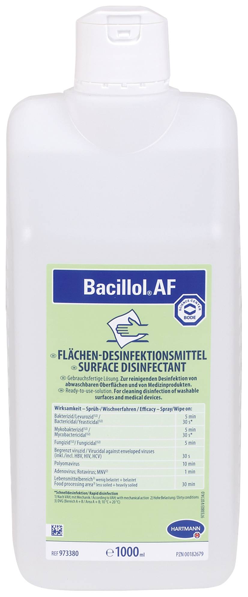 Dezinfekční roztok 'Bacillol AF', 1000 ml. Obsahuje účinné látky alkohol, propan-2-ol. Určen k dezinfekci ploch, bezbarvý, bez parfemace.