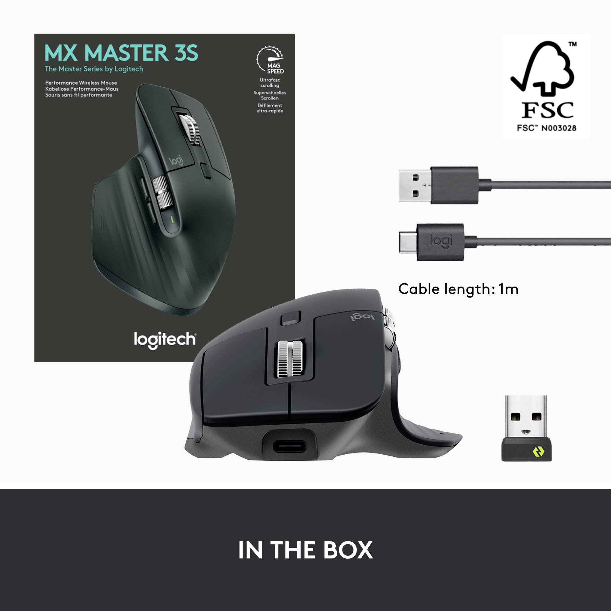 Obrázek zobrazuje myš Logitech MX Master 3S, USB přijímač, 1m dlouhý nabíjecí kabel a logo FSC.
