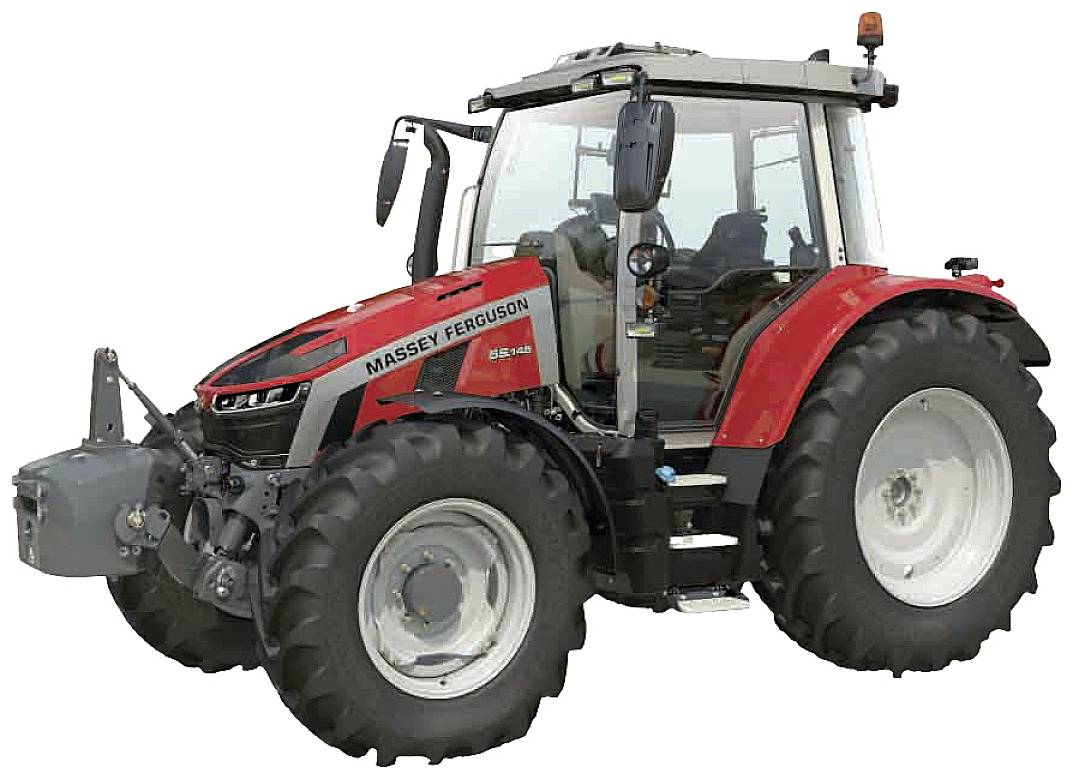 Červený traktor značky Massey Ferguson, pohled z boku, s velkými pneumatikami a kabinou s prosklenými okny.