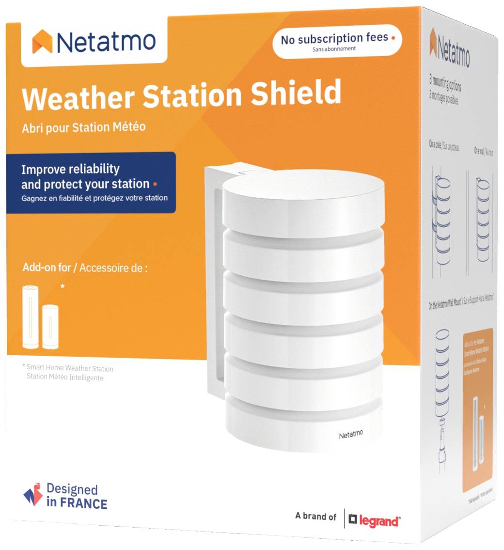Balení stanice Netatmo Weather Station Shield, zobrazující produkt jako bílý ochranný štít. Bez nutnosti předplatného.